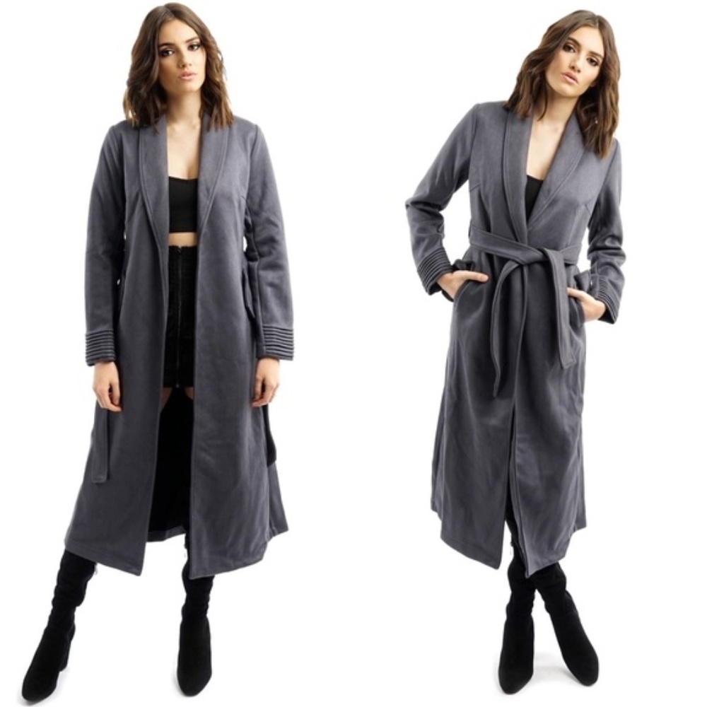 Charcoal Grey Suede Belted Trench Coat
